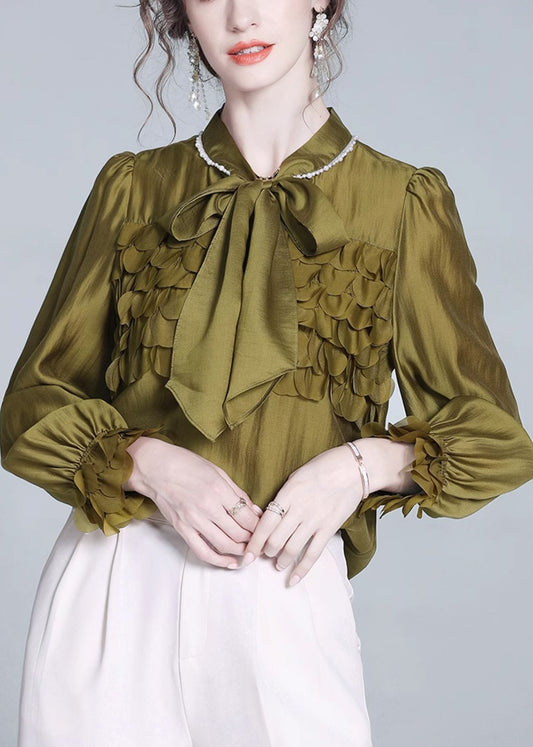 Mustard Green Bow Silk Shirt Petal Sleeve