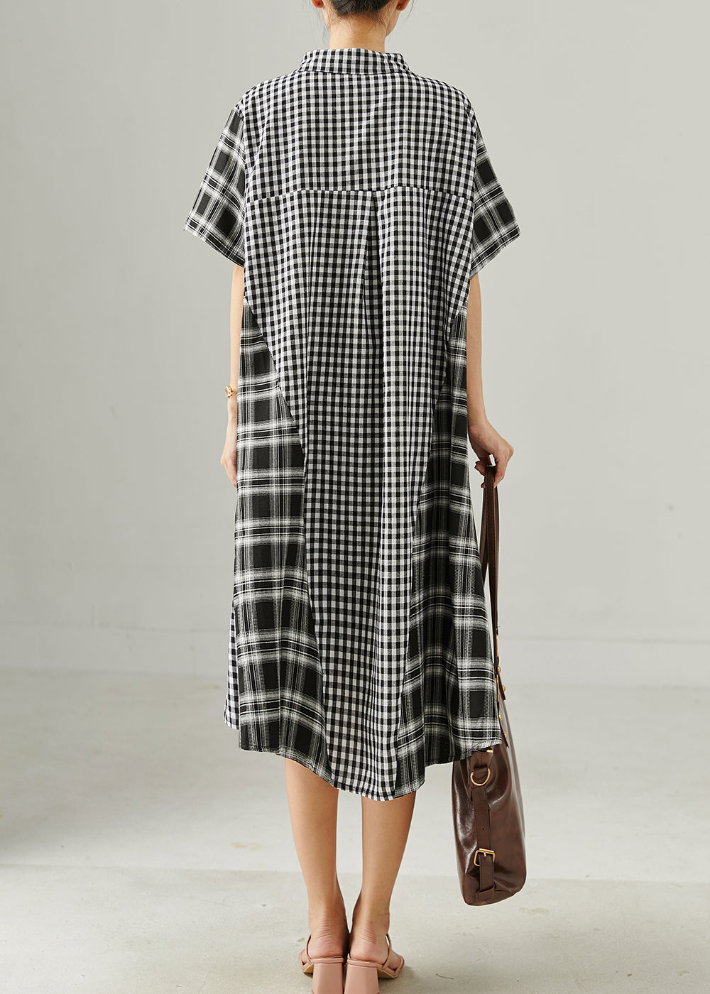 Grey Oversized Patchwork Plaid Linen Robe Dresses Summer