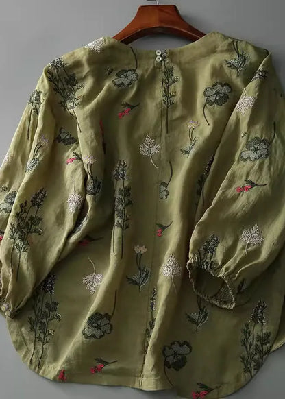 New Green O-neck Embroidered Cotton Shirts Bracelet Sleeve