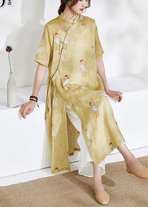 Yellow Side Open Print Summer Ramie Long Shirts