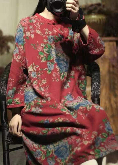 Oriental Red O-neck Print Linen Mid Dresses Spring