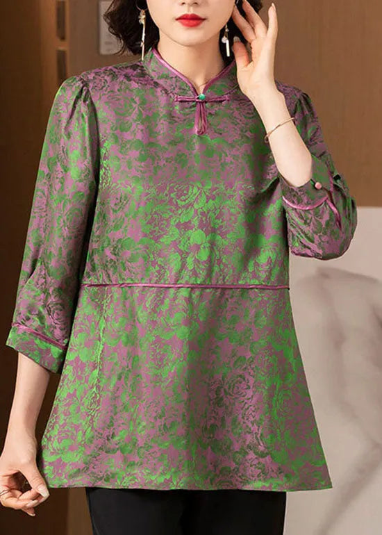 Green Stand Collar Print Patchwork Silk Tops Three Quarter Sleeve
