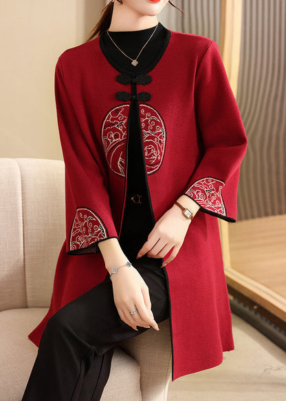 French Mulberry O-neck Print Long Woolen Cardigans Fall