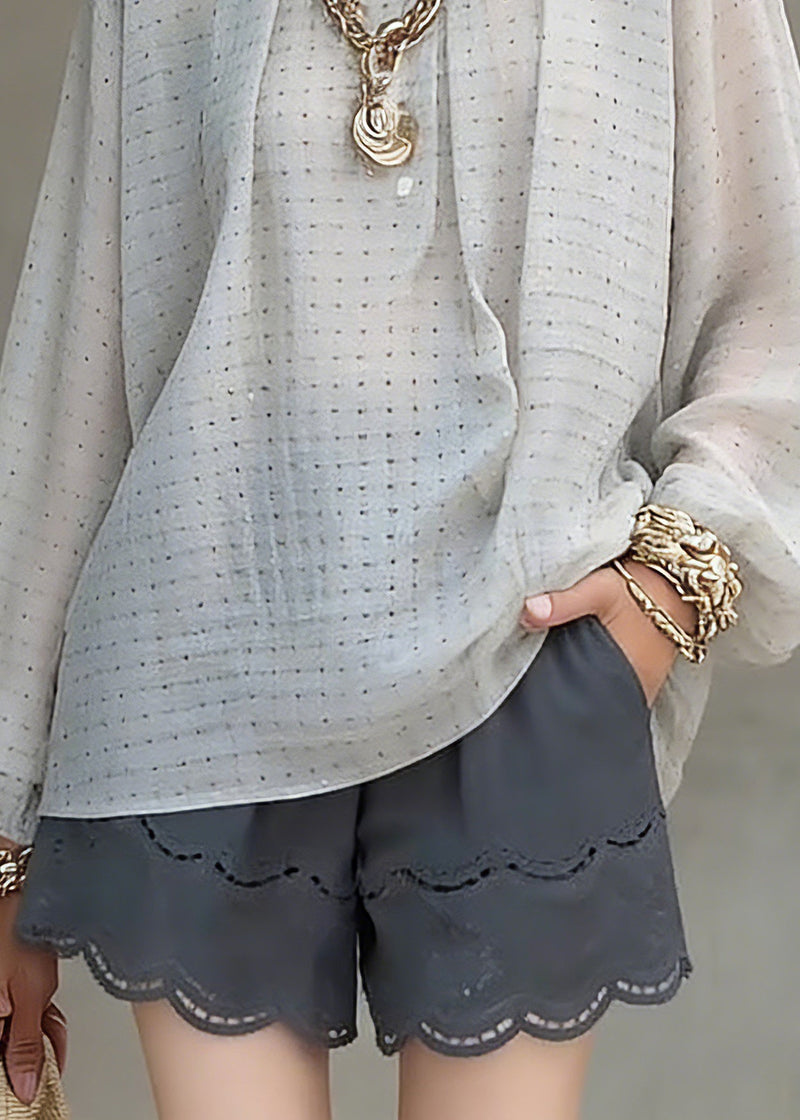 Grey Dot Print Top Lantern Sleeve