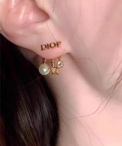 Modern Copper Overgild Zircon Pearl Graphic Starl Stud Earrings