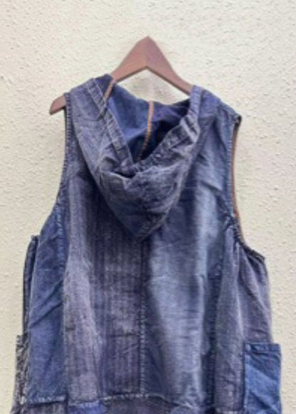 Colorblock Hooded Pockets Cotton Waistcoat Sleeveless