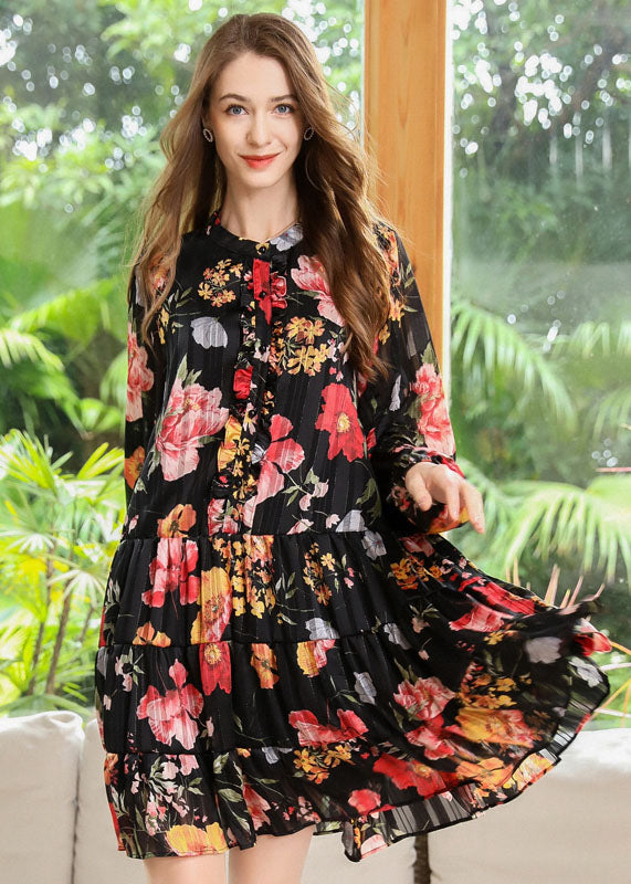 Black Stand Collar Patchwork Print Chiffon Pleated Dresses Spring