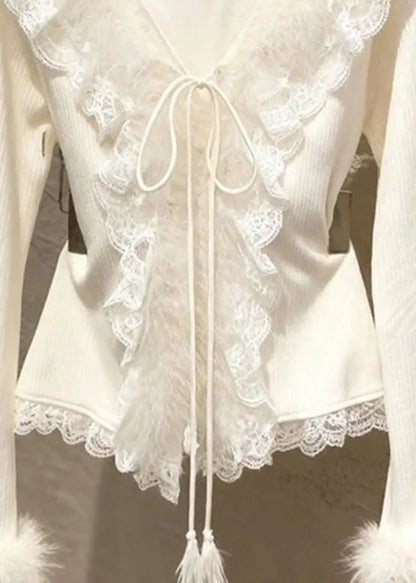 French Apricot V Neck Lace Patchwork Tie Lace Cotton Knit Sweater Spring