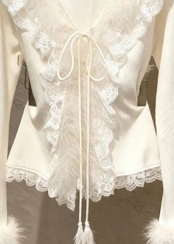 French Apricot V Neck Lace Patchwork Tie Lace Cotton Knit Sweater Spring