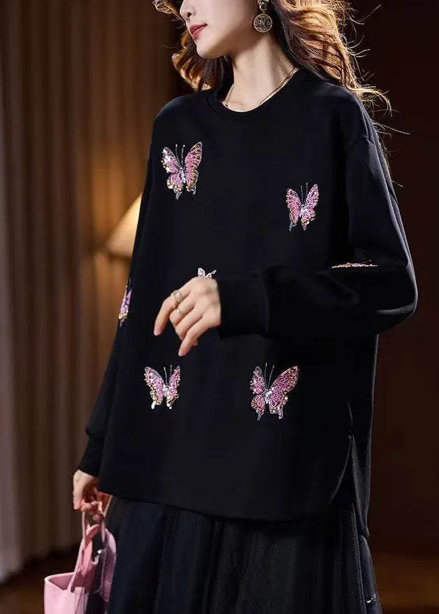 Unique Black O-neck Butterfly Embroidered Pullover Spring