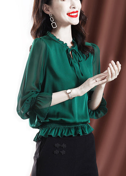 Green Ruffled Elastic Waist Chiffon Top Long Sleeve