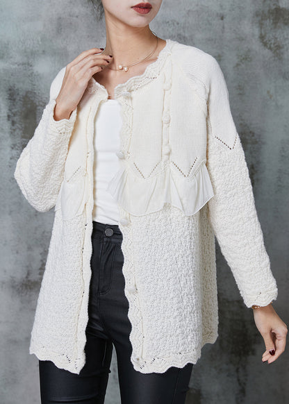 White Ruffles Patchwork Knit Coat Outwear Spring
