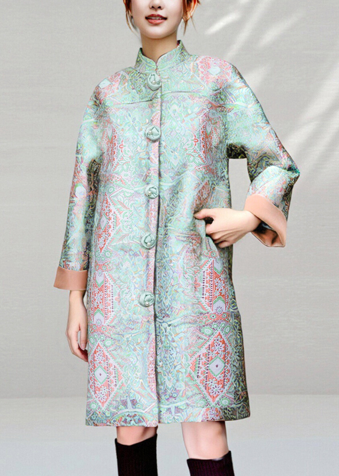 Chinese Style Green Stand Collar Button Pockets Thick Coats Fall