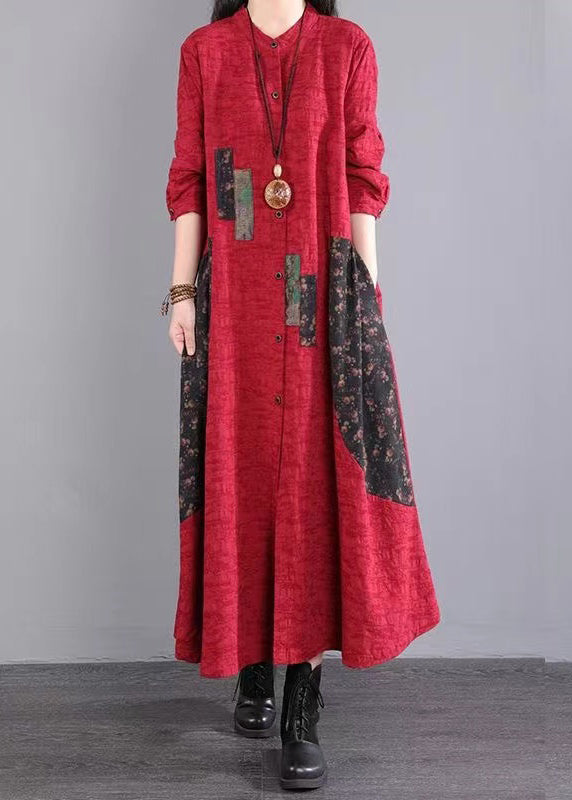 Red Print Pockets Patchwork Cotton Long Dress Button Fall