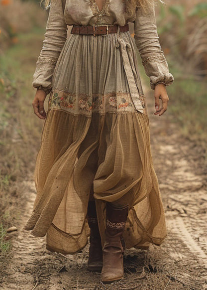 V Neck Print Wrinkled Cotton Long Dress Spring