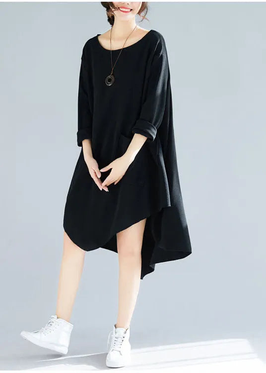 Black Asymmetrical Patchwork Applique Cotton Long Tops Spring