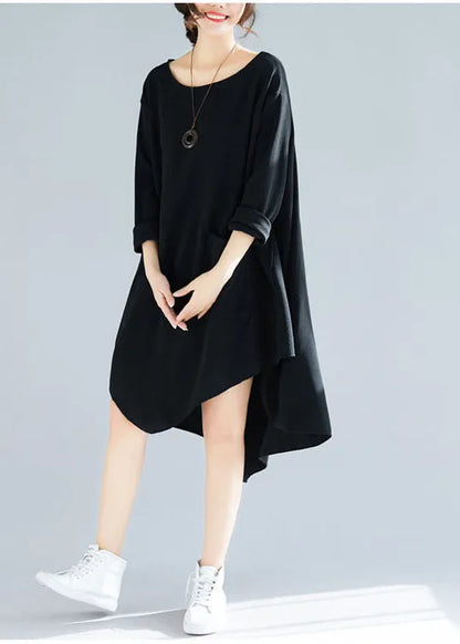 Black Asymmetrical Patchwork Applique Cotton Long Tops Spring