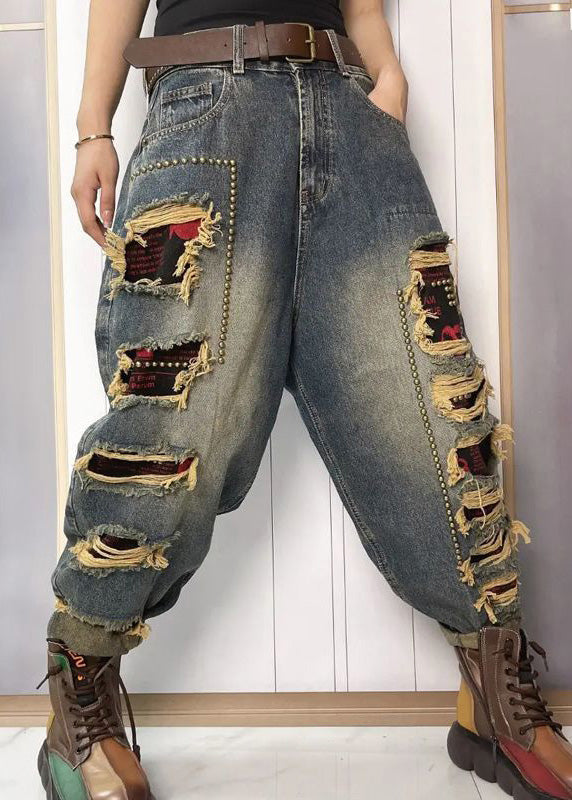 Blue Nail Bead Patchwork Sashes High Waist Ripped Jeans Summer