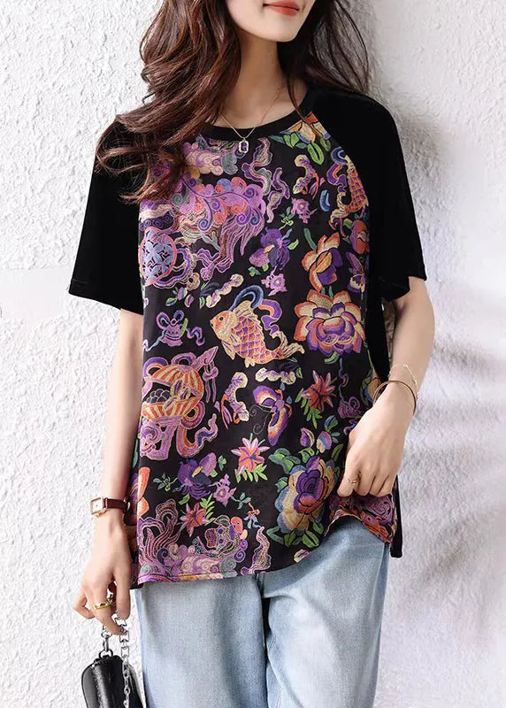 Loose Black O Neck Print Patchwork Cotton T Shirt Summer