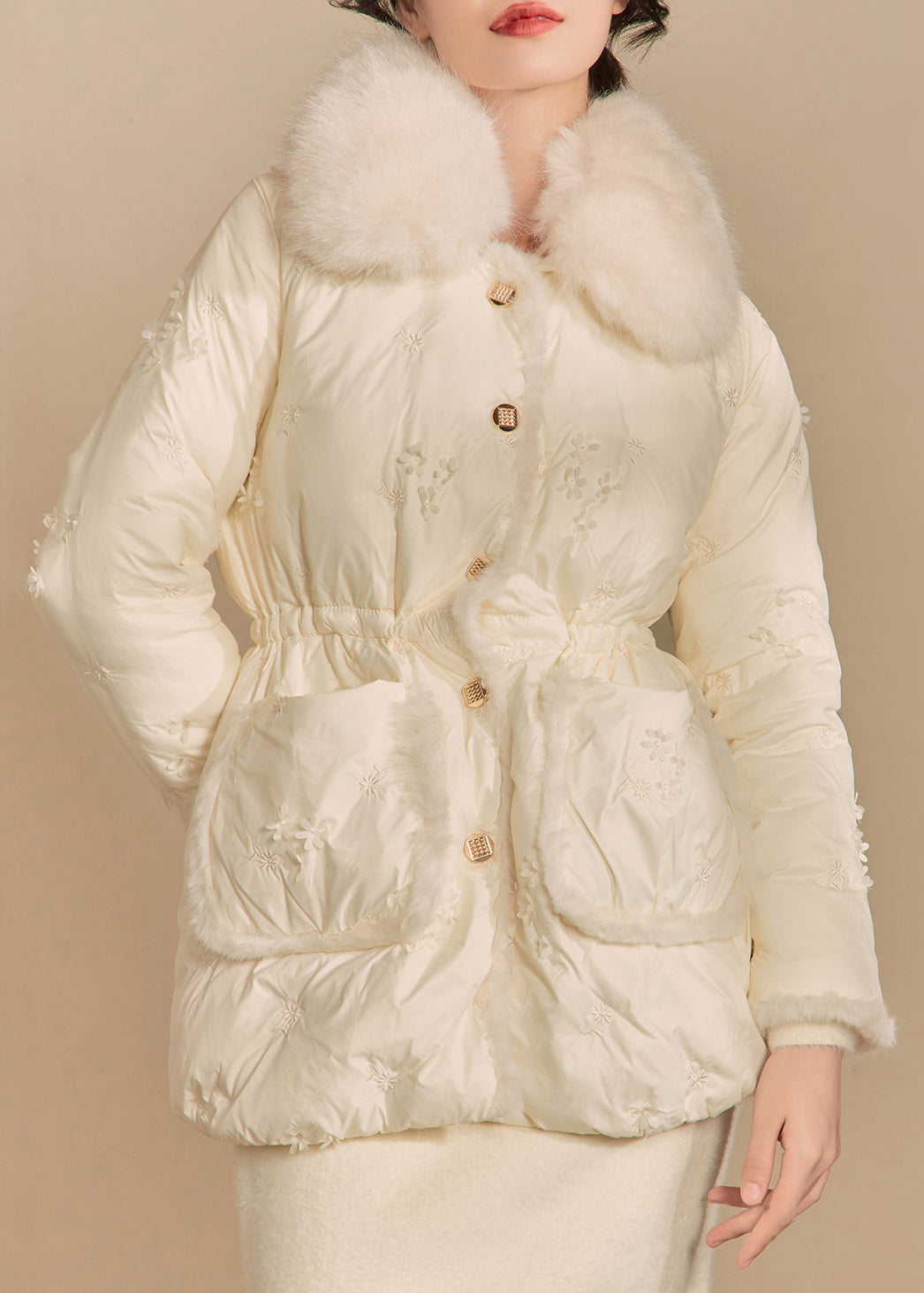 Beige Fur Collar Button Duck Down Puffer Coat Winter
