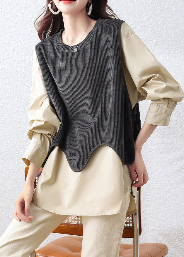Khaki Oversized Patchwork Cotton Fake Two Piece Tops Fall