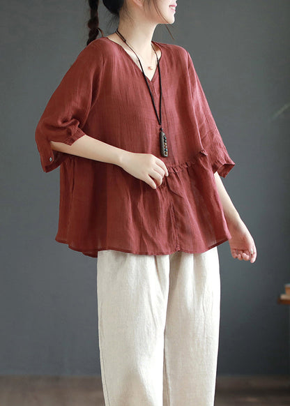Wine Red Ruffled Side Open Patchwork Linen Shirts Summer