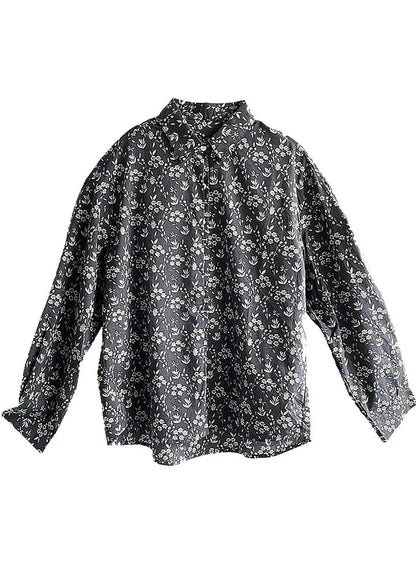 Navy Peter Pan Collar Print Cotton Shirt Top Fall