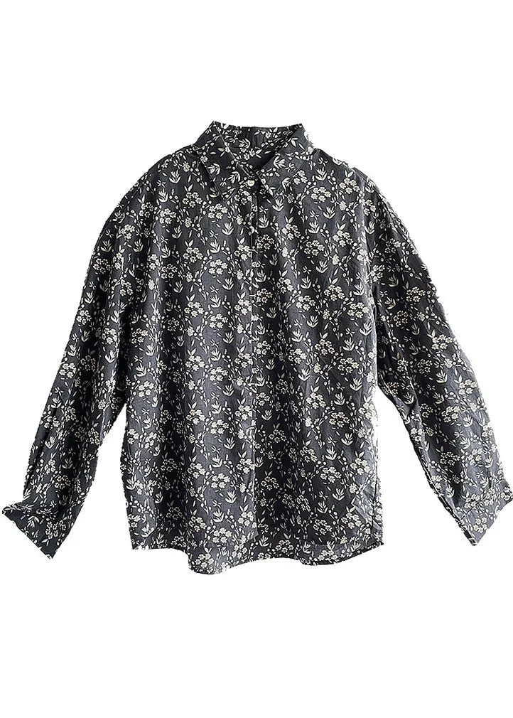 Navy Peter Pan Collar Print Cotton Shirt Top Fall
