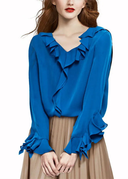 Blue V Neck Ruffled Chiffon Shirt Top Long Sleeve