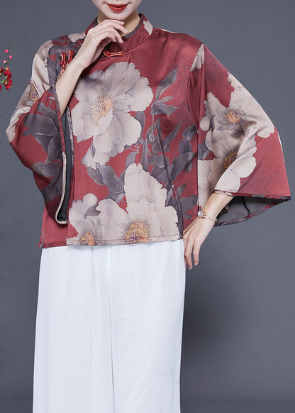 Brick Red Stand Collar Print Chinese Button Silk Shirt Flare Sleeve