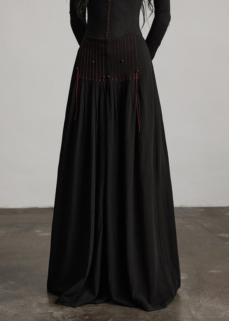 French Black Tasseled Draping Cotton Wide Leg Pants Spring