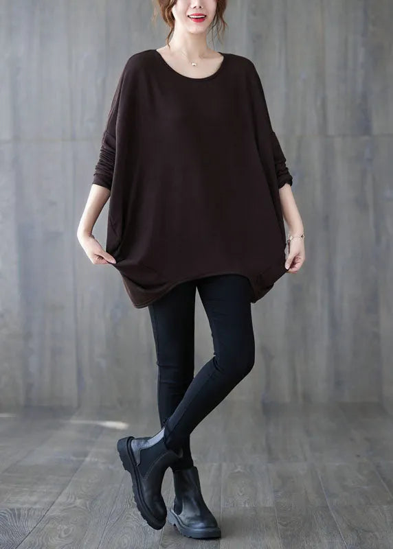 Chocolate O-neck Oversized Cotton Shirt Top Batwing Sleeve
