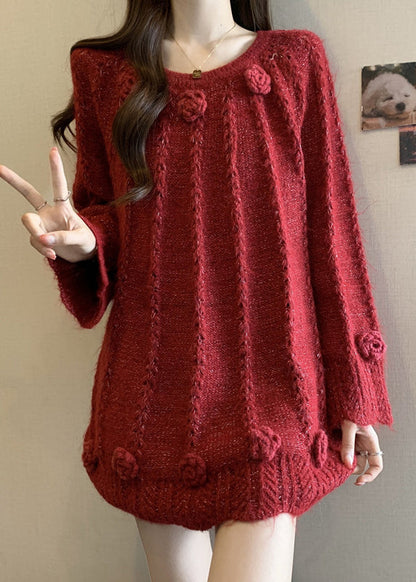 Red Decorated Knit Sweaters Oversized Fall