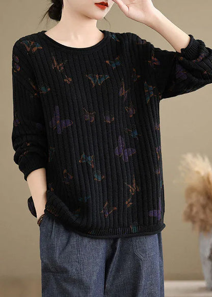 Black O Neck Print Cotton Knit Sweaters Spring