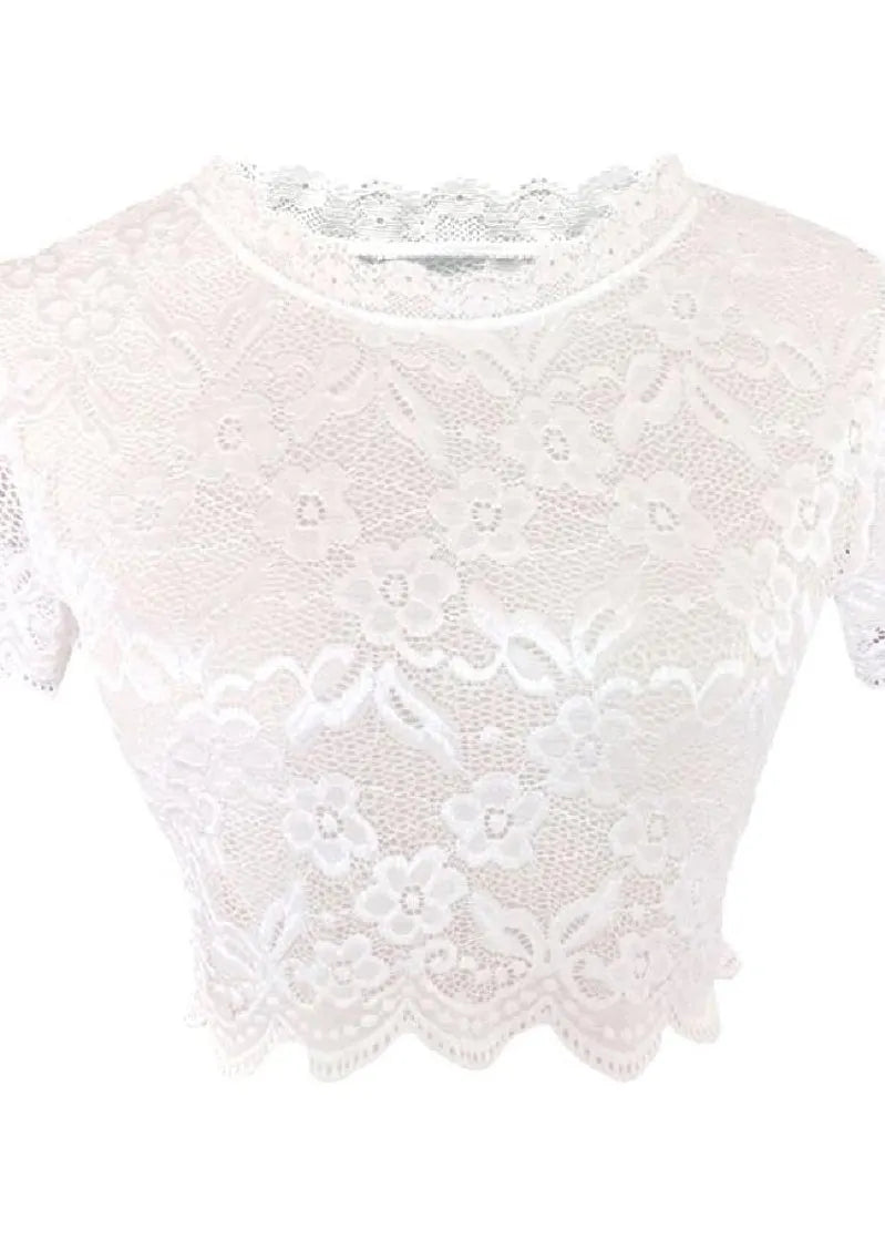 White Embroideried Lace Short Tank Half Sleeve