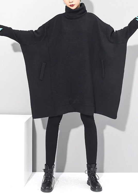 Black Turtleneck Knit Mid Dresses Batwing Sleeve Fall
