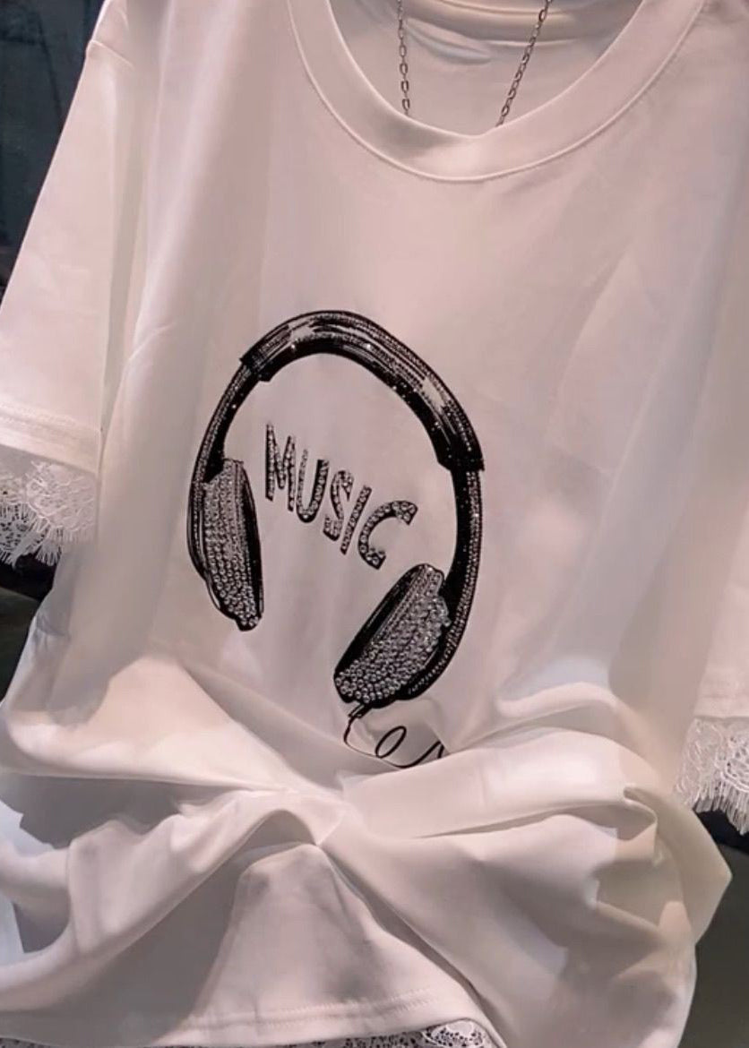 White O Neck Zircon Lace Patchwork T Shirt Summer