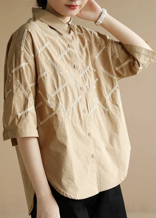 Khaki Side Open Cotton Shirt Tops Low High Design Half Sleeve