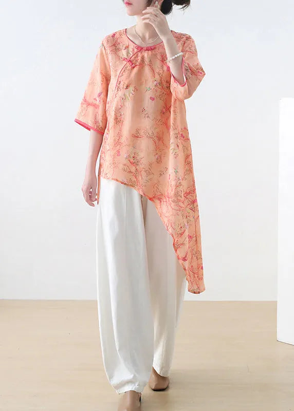 Orange Red O-neck Print Linen Shirt Top Half Sleeve