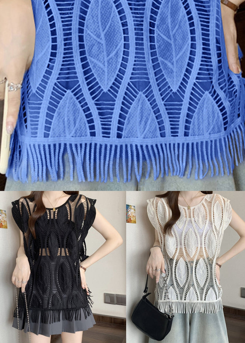 Blue Tasseled Cotton Tank O-neck Summer