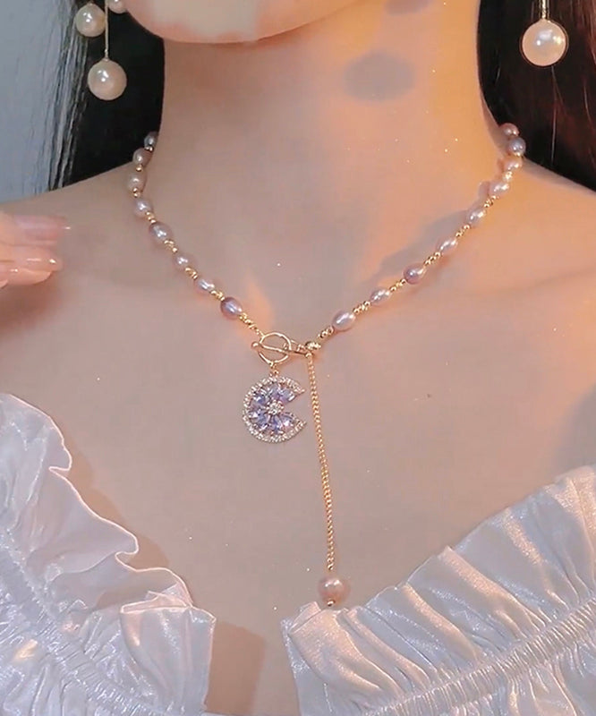 Purple Sterling Silver Overgild Zircon Pearl Tassel Lariat Necklace