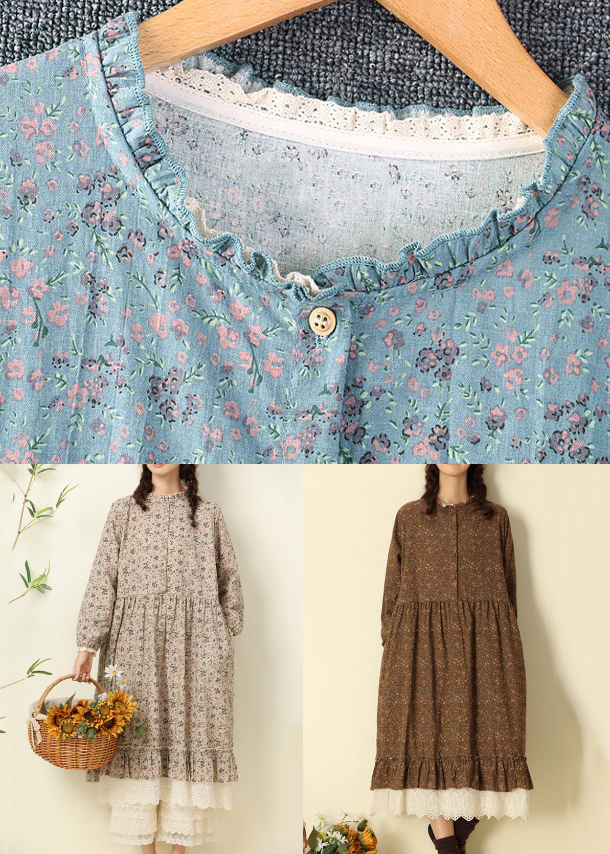 Coffee Ruffled Print Cotton Long Dresses Spring