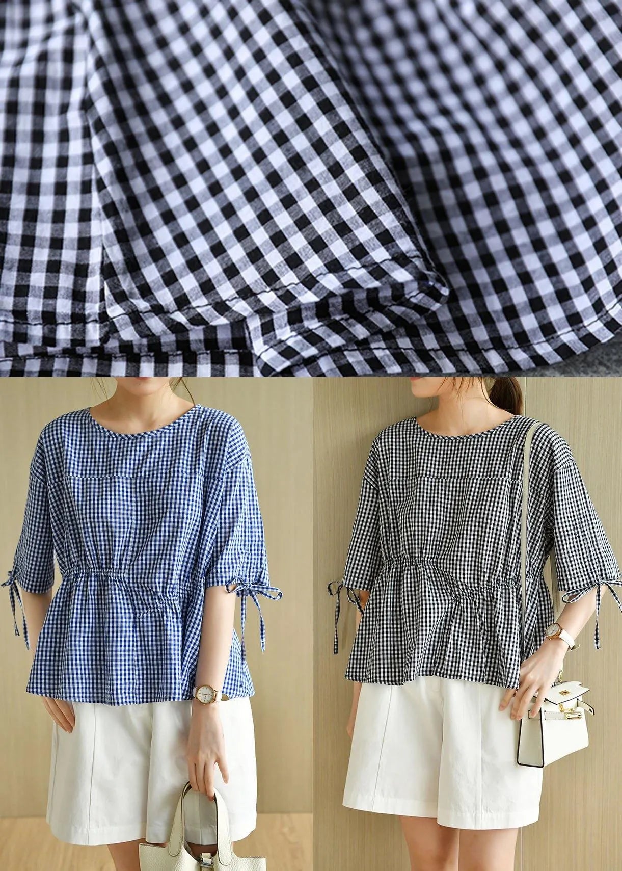 French Blue Plaid Patchwork Drawstring Summer Cotton Half Sleeve Blouse Top