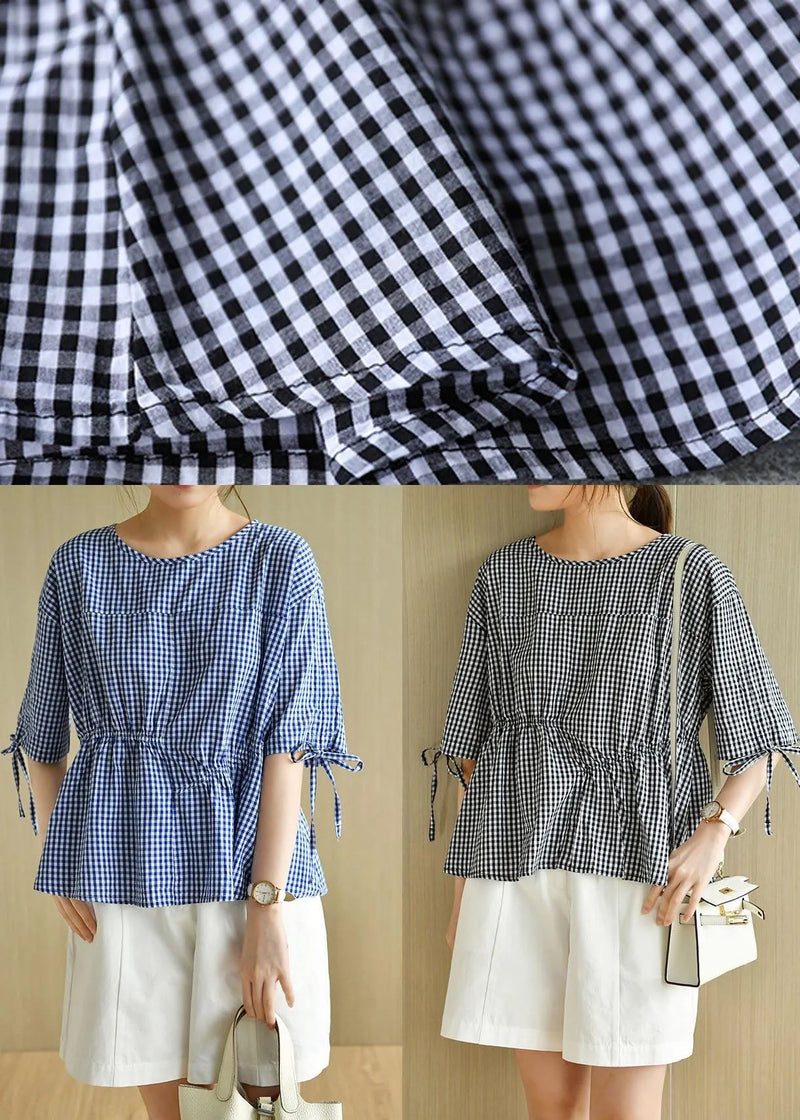 French Blue Plaid Patchwork Drawstring Summer Cotton Half Sleeve Blouse Top