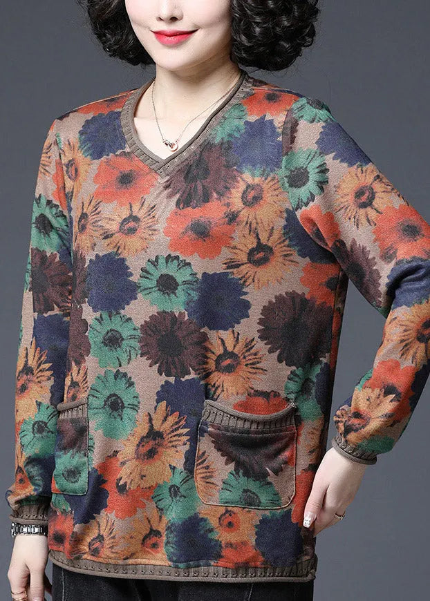 Baggy V Neck Print Pockets Knit Tops Long Sleeve