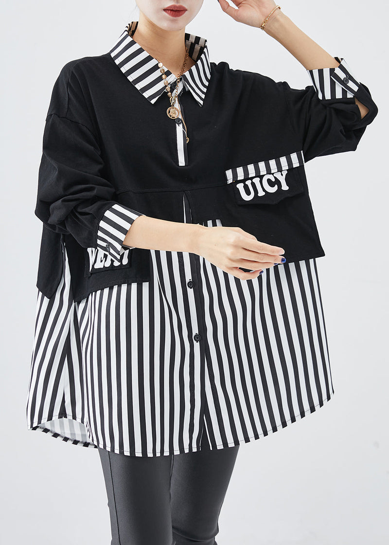 Diy Black Striped Patchwork Cotton Sweatshirt Fall