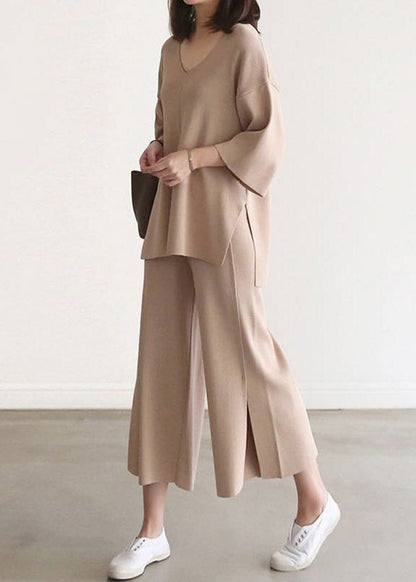 French Apricot V Neck Knit Top and Wide Leg Pants Two Pieces Set Spring