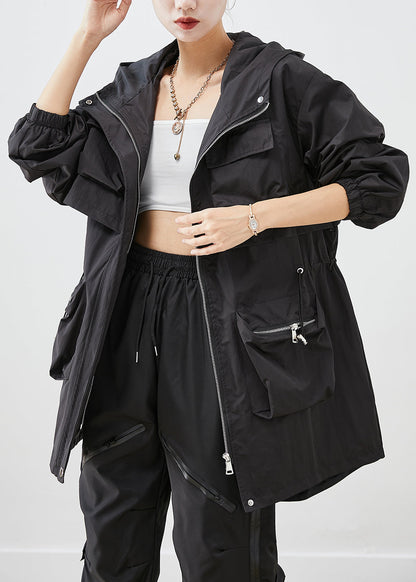 Black Oversized Patchwork Pockets Spandex Coat Fall