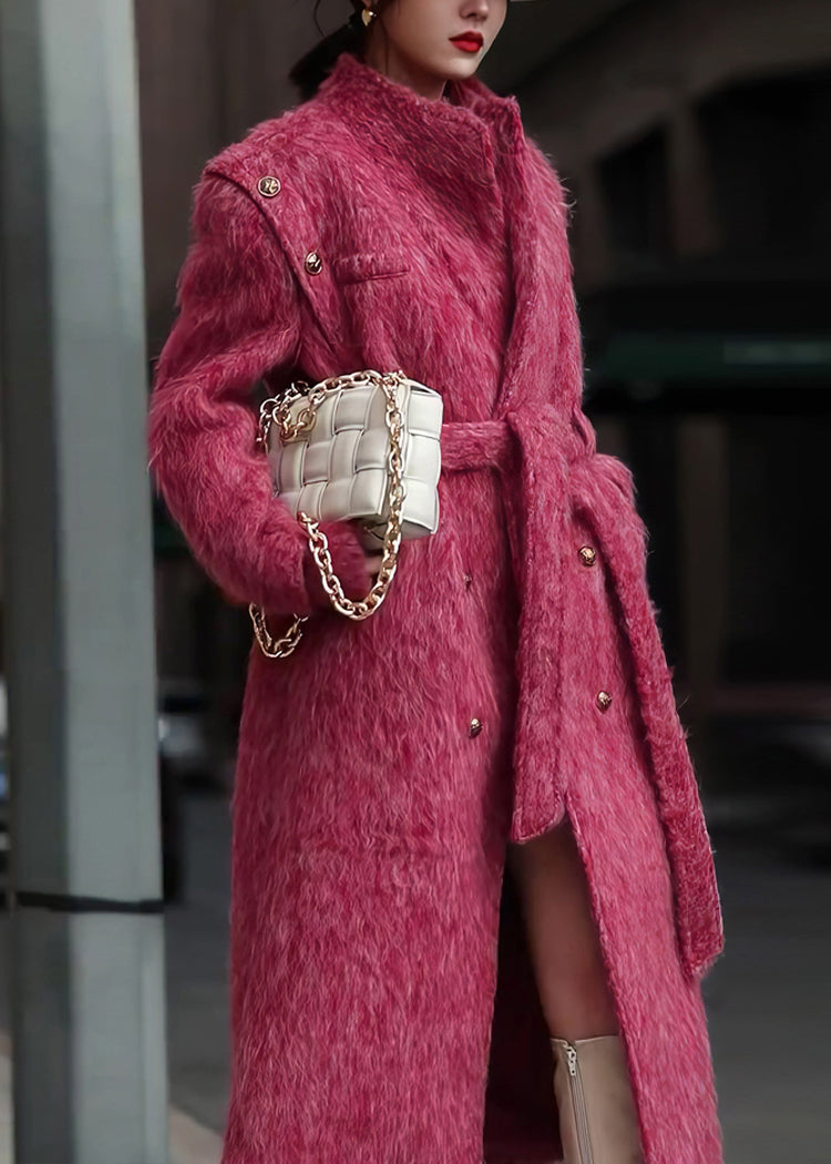Rose Pockets Tie Waist Patchwork Woolen Long Coat Fall