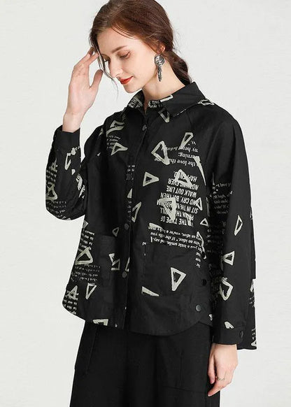 Black Peterpan Collar Pockets Fall Cotton Shirt Tops Long Sleeve